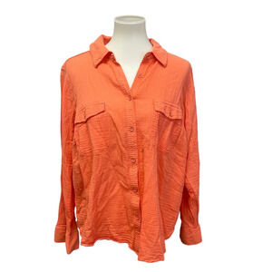 Sonoma Lifestyle Womens 2X 100% Cotton Long Tabbed Sleeve Button Up Shirt